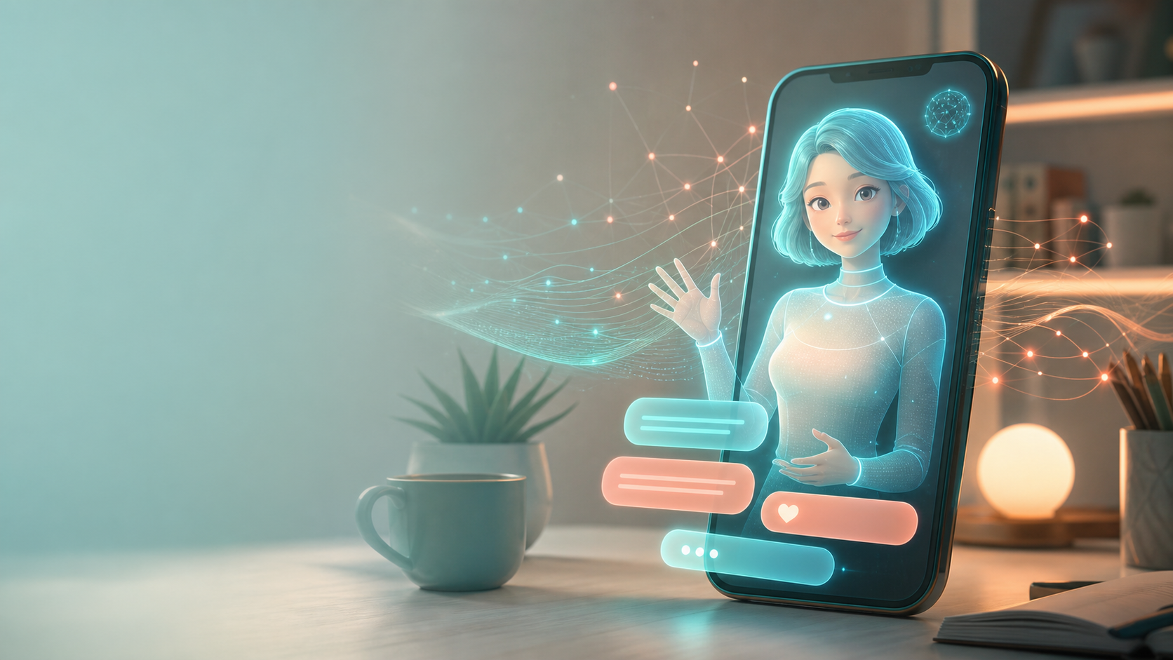 ИИ девушка как виртуальная подруга в смартфоне с AI чат-интерфейсом